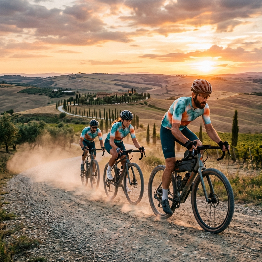 Undrafted Cycling team riding through Tuscan gravel