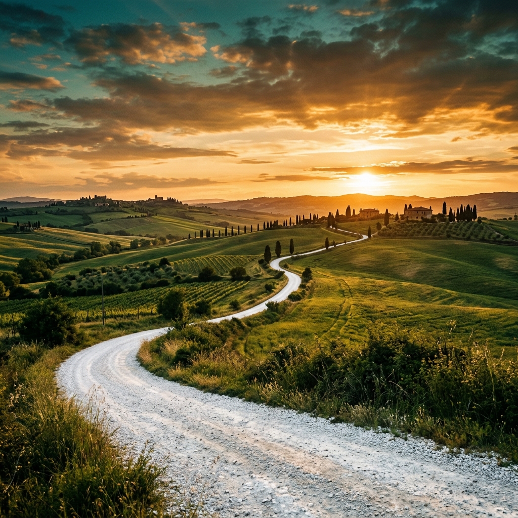 Gravel road through Tuscan hills